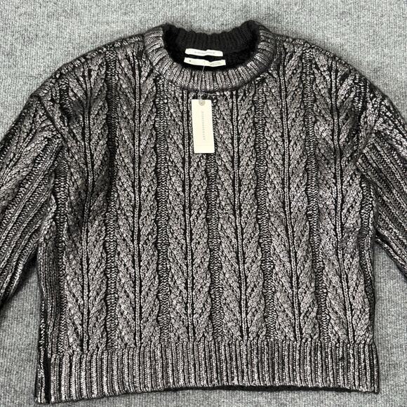 Anthropologie Coated Crewneck Sweater Women XS Metalic Gray Cable Knit Boxy Fit - Picture 1 of 9